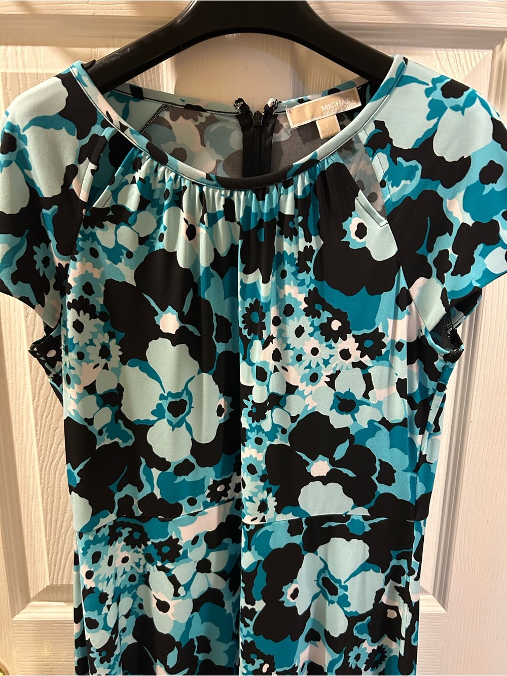NWOT Michael Kors Tile Blue & Black Floral Keyhole Dress L Unworn Perfect